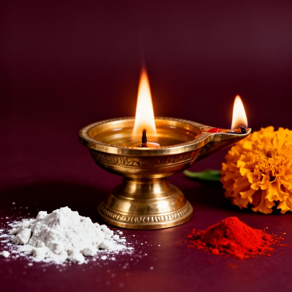 Traditional South Indian brass oil lamp with marigold, kumkum and sacred ash