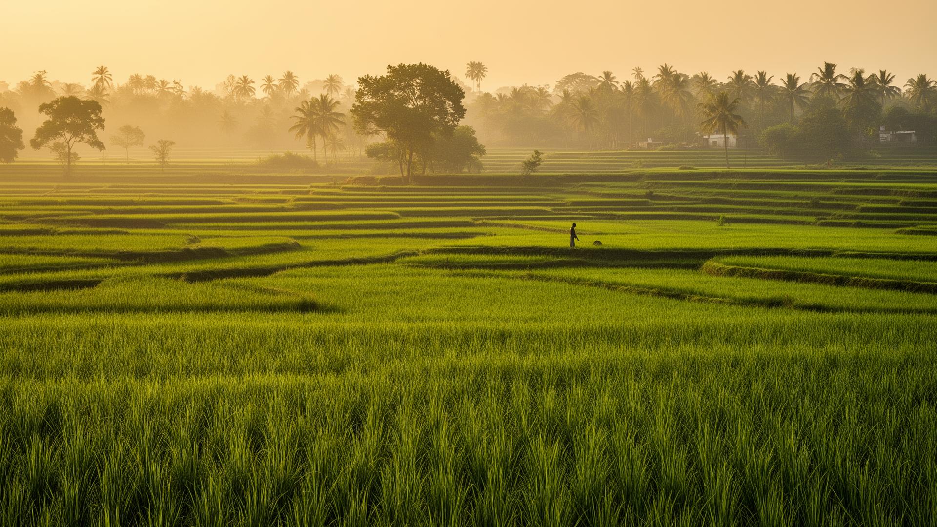 Lush green paddy fields of Tenali at golden hour